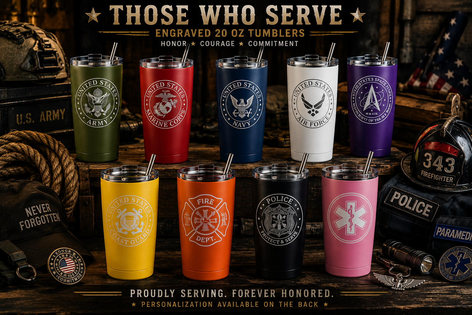 Collection of engraved tumblers in various colors with military and emergency service logos on a wooden surface.