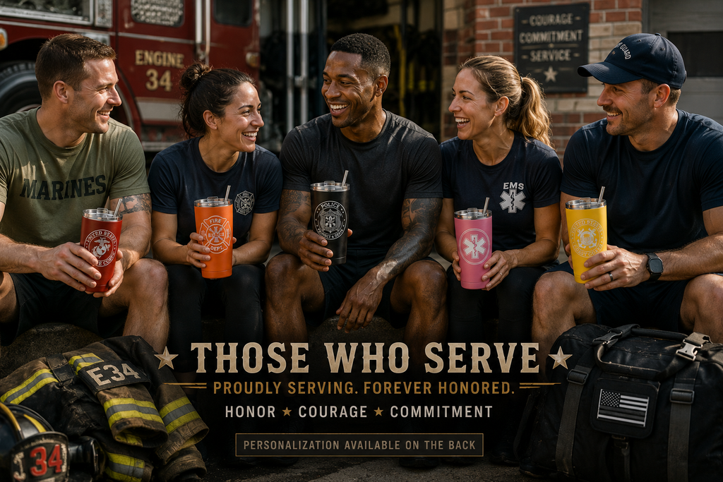 Group of firefighters and emergency responders sitting together with drinks, with a banner below them.