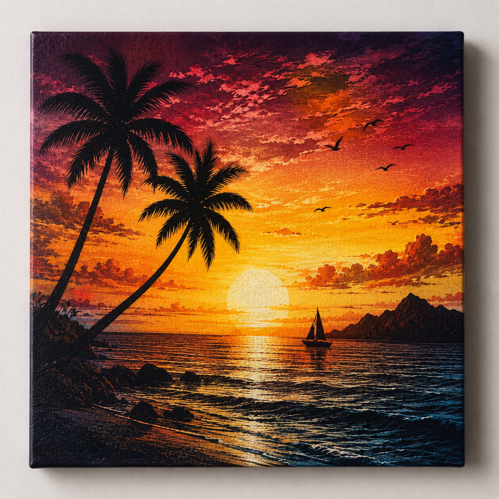 Tropical Sunset Paradise handcrafted laser engraved 10x10 stretched canvas featuring palm trees, a glowing sunset, sailboat, ocean, mountains, and vibrant hidden color reveal artwork.