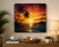 Tropical Sunset Paradise laser engraved canvas displayed on a living room wall above a console table, showcasing coastal home décor and ready-to-hang artwork.