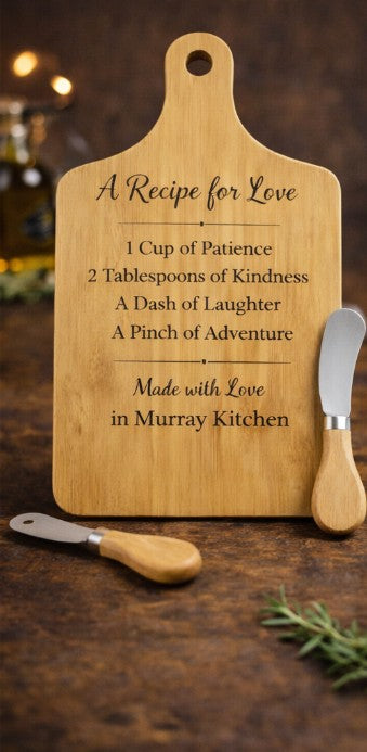 Wooden cutting board with engraved text and knives on a rustic background