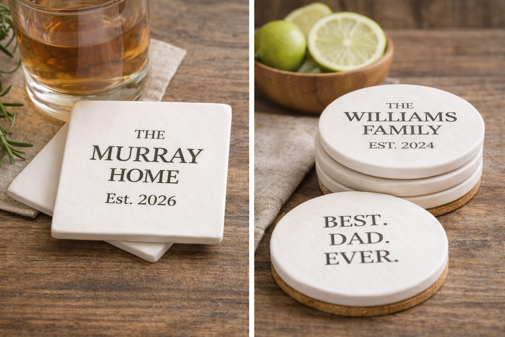 Personalized coasters with text on them