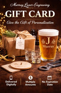 Gift card advertisement for Murray Laser Engraving with a beer glass, gift box, and coasters on a wooden table.